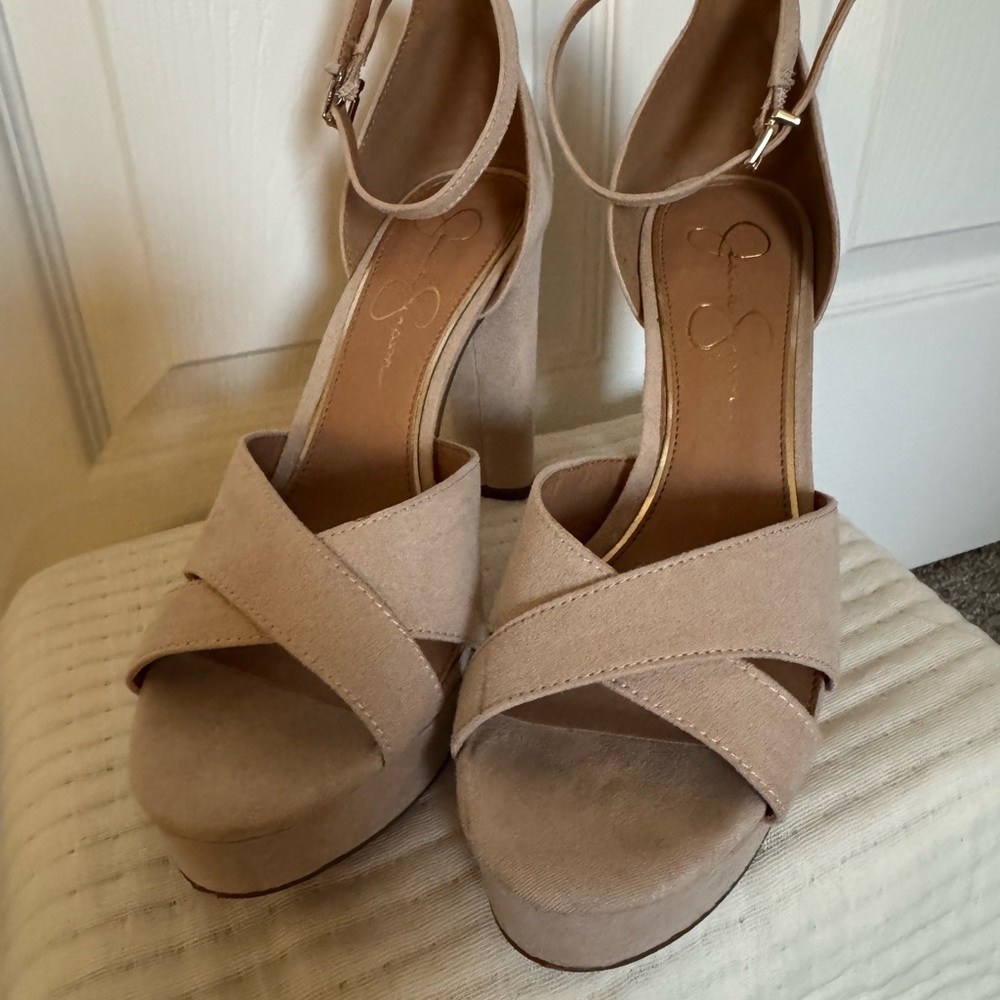 Jessica Simpson Tan Block Heel Sandals with Ankle Strap